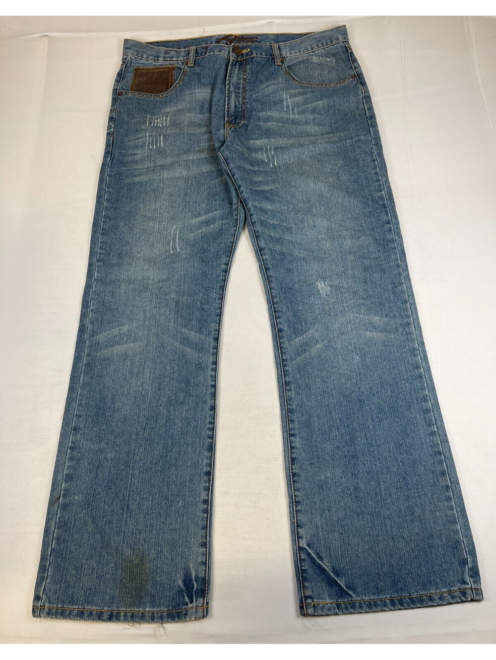Vintage Request Men 38x34 Blue Cotton Blend Embroidered Pocket Bootcut Jeans Y2K